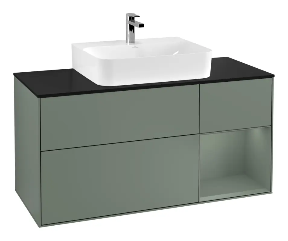 Sale Villeroy & Boch Finion Waschbeckenunterschrank für Becken mittig Regal rechts für Finion / Memento 2.0 3 Auszüge mit Beleuchtung (1x LED) 1200 x 603 x 501 mm - Olive Matt Lacquer / Glass Black Matt