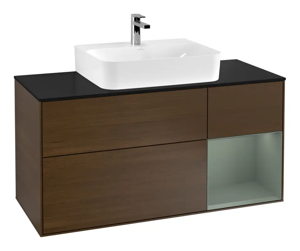 Rabatt Villeroy & Boch Finion Waschbeckenunterschrank für Becken mittig Regal rechts für Finion / Memento 2.0 3 Auszüge mit Beleuchtung (1x LED) 1200 x 603 x 501 mm - Walnut Veneer / Olive Matt Lacquer / Glass Black Matt