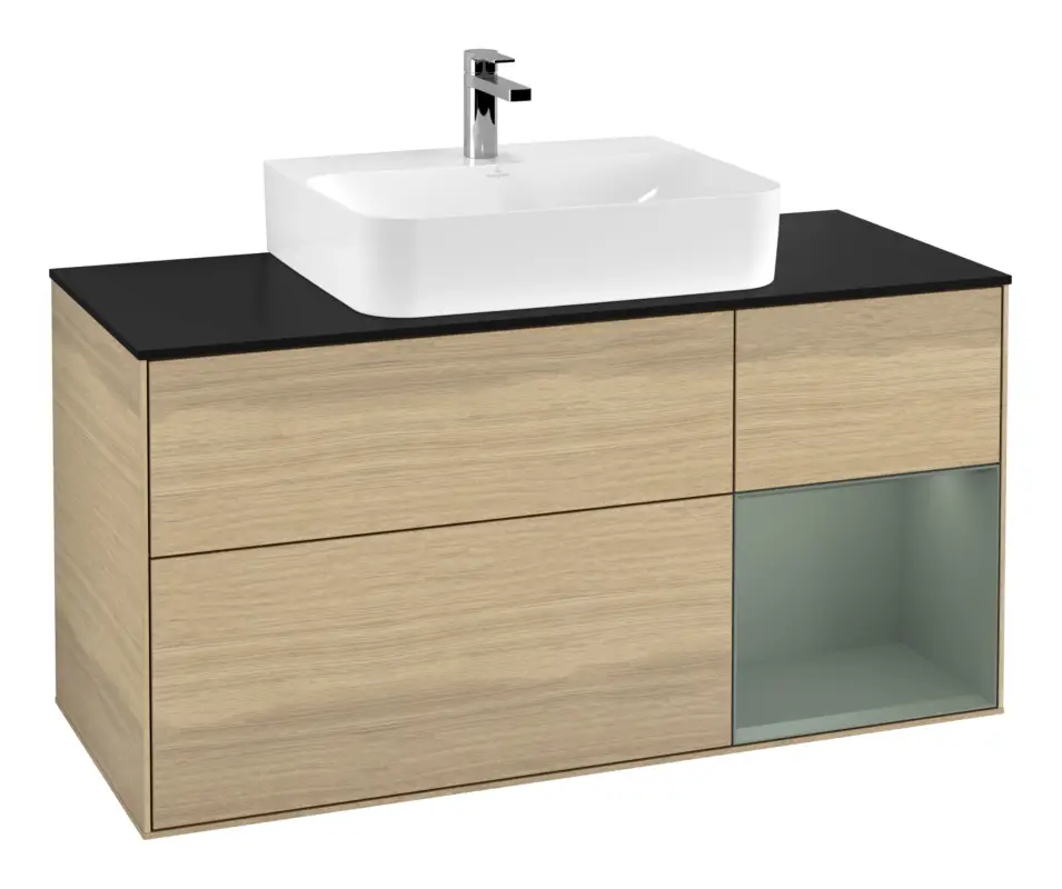 Villeroy & Boch Finion Waschbeckenunterschrank für Becken mittig Regal rechts für Finion / Memento 2.0 3 Auszüge mit Beleuchtung (1x LED) 1200 x 603 x 501 mm - Oak Veneer / Olive Matt Lacquer / Glass Black Matt Heißes Angebot