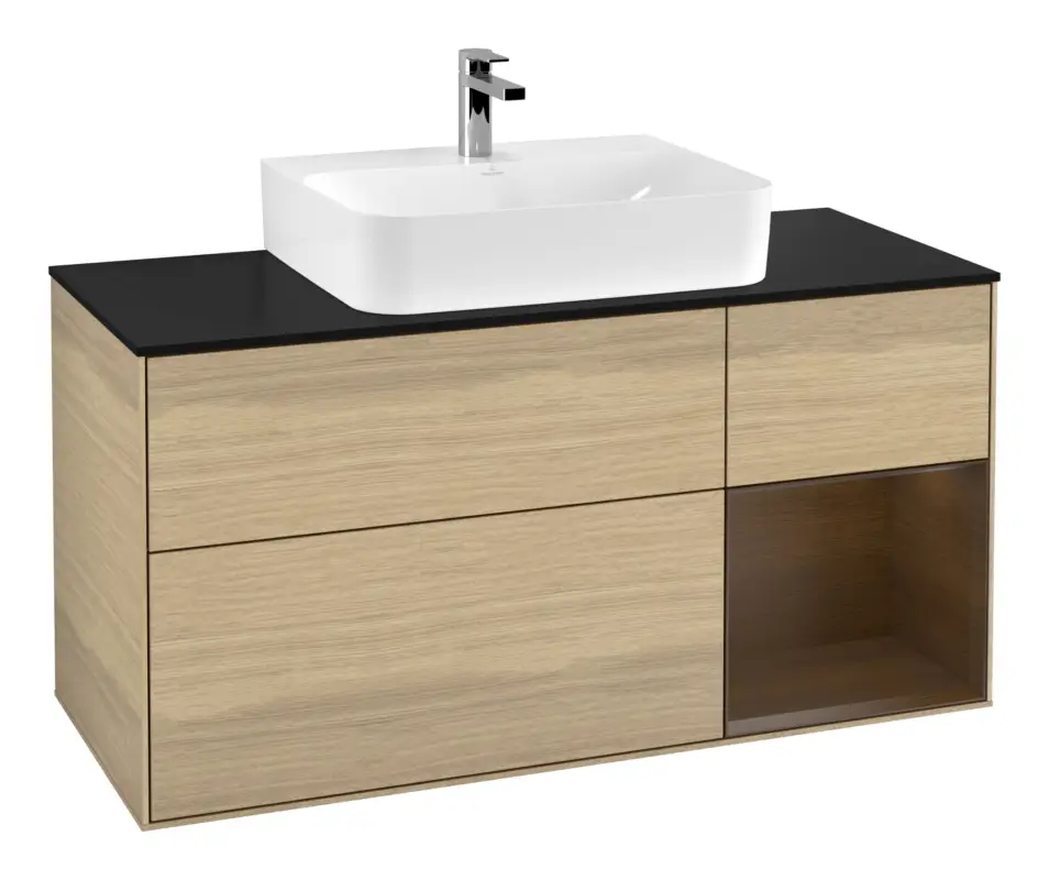 Villeroy & Boch Finion Waschbeckenunterschrank für Becken mittig Regal rechts für Finion / Memento 2.0 3 Auszüge mit Beleuchtung (1x LED) 1200 x 603 x 501 mm - Oak Veneer / Walnut Veneer / Glass Black Matt Direktkauf