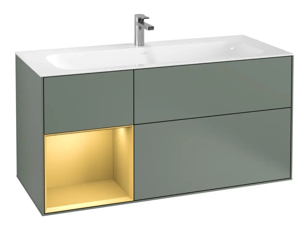 Kracherpreis Villeroy & Boch Finion Waschbeckenunterschrank für Becken mittig Regal links für Finion 3 Auszüge mit Beleuchtung (1x LED) 1196 x 591 x 498 mm - Olive Matt Lacquer / Gold Matt Lacquer