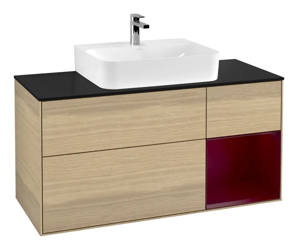 Finale Aktion Villeroy & Boch Finion Waschbeckenunterschrank für Becken mittig Regal rechts für Finion / Memento 2.0 3 Auszüge mit Beleuchtung (1x LED) 1200 x 603 x 501 mm - Oak Veneer / Peony Matt Lacquer / Glass Black Matt