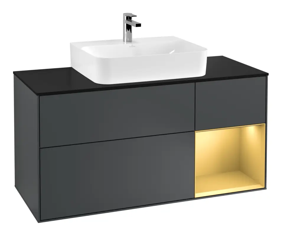 Kracherpreis Villeroy & Boch Finion Waschbeckenunterschrank für Becken mittig Regal rechts für Finion / Memento 2.0 3 Auszüge mit Beleuchtung (1x LED) 1200 x 603 x 501 mm - Midnight Blue Matt Lacquer / Gold Matt Lacquer / Glass Black Matt
