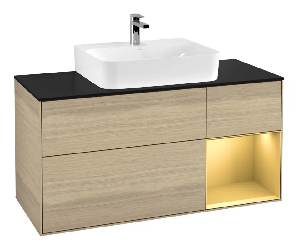 Saisonangebot Villeroy & Boch Finion Waschbeckenunterschrank für Becken mittig Regal rechts für Finion / Memento 2.0 3 Auszüge mit Beleuchtung (1x LED) 1200 x 603 x 501 mm - Oak Veneer / Gold Matt Lacquer / Glass Black Matt