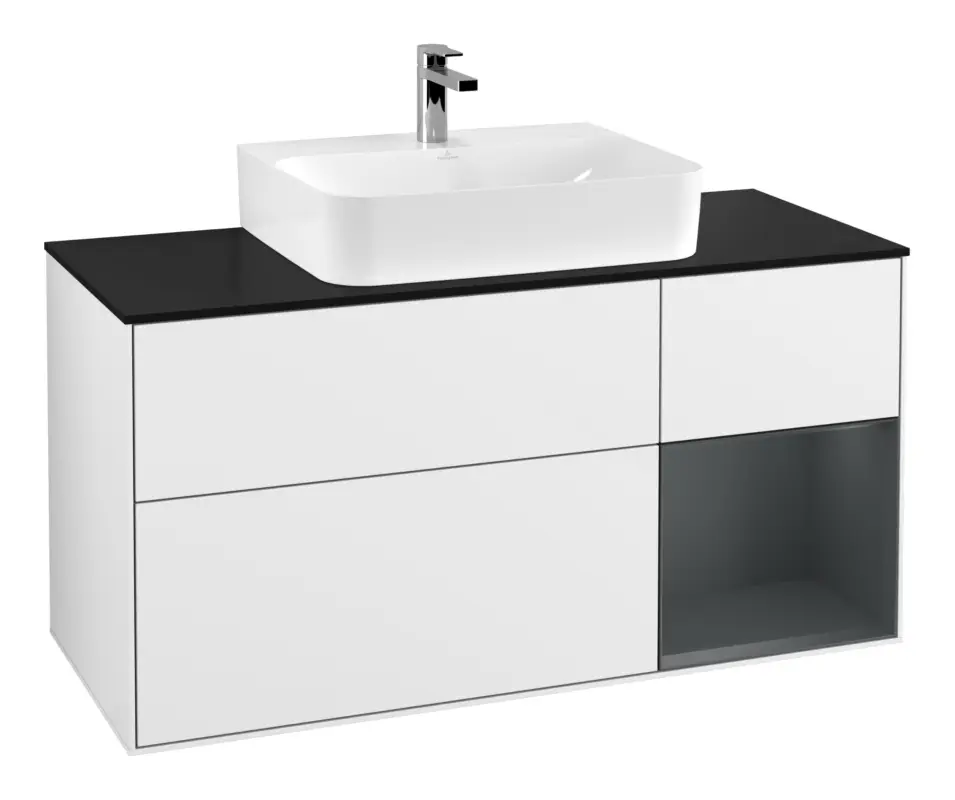 Villeroy & Boch Finion Waschbeckenunterschrank für Becken mittig Regal rechts für Finion / Memento 2.0 3 Auszüge mit Beleuchtung (1x LED) 1200 x 603 x 501 mm - Glossy White Lacquer / Midnight Blue Matt Lacquer / Glass Black Matt Super-Preis