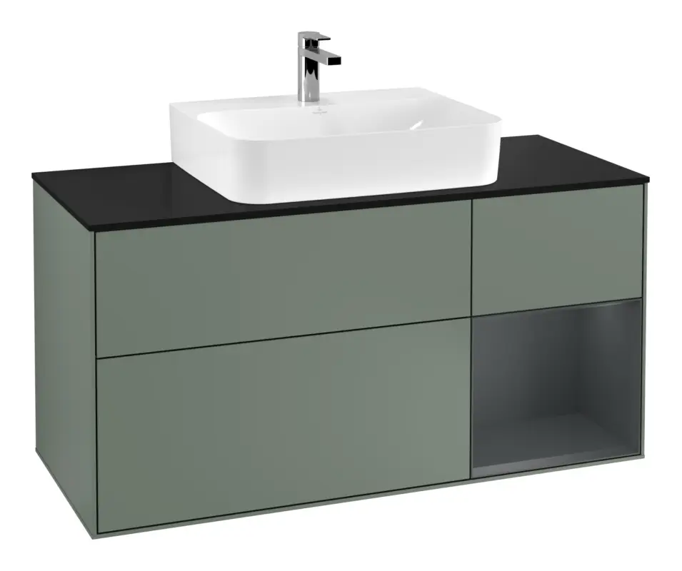 Meistverkauft Villeroy & Boch Finion Waschbeckenunterschrank für Becken mittig Regal rechts für Finion / Memento 2.0 3 Auszüge mit Beleuchtung (1x LED) 1200 x 603 x 501 mm - Olive Matt Lacquer / Midnight Blue Matt Lacquer / Glass Black Matt