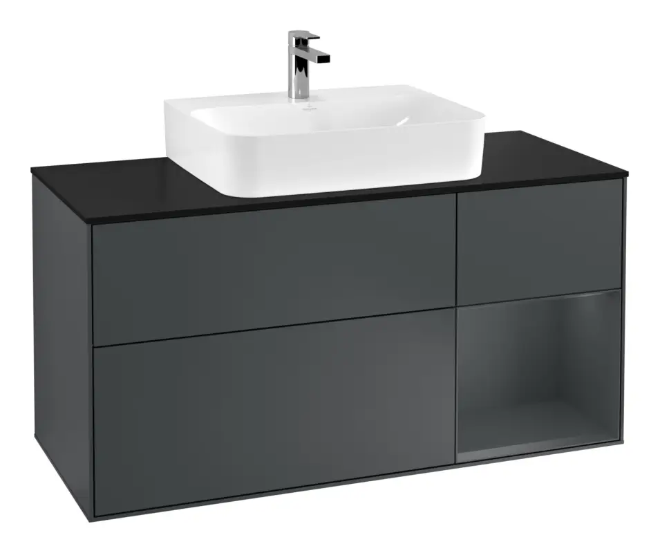 Villeroy & Boch Finion Waschbeckenunterschrank für Becken mittig Regal rechts für Finion / Memento 2.0 3 Auszüge mit Beleuchtung (1x LED) 1200 x 603 x 501 mm - Midnight Blue Matt Lacquer / Glass Black Matt Abverkauf