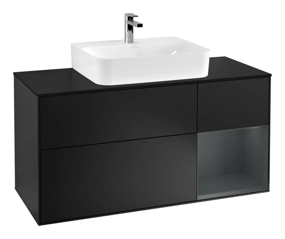 Villeroy & Boch Finion Waschbeckenunterschrank für Becken mittig Regal rechts für Finion / Memento 2.0 3 Auszüge mit Beleuchtung (1x LED) 1200 x 603 x 501 mm - Black Matt Lacquer / Midnight Blue Matt Lacquer / Glass Black Matt Finale Aktion