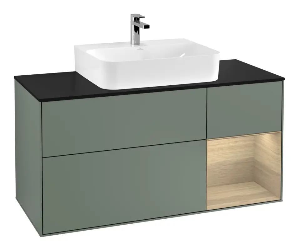 Markenprodukt Villeroy & Boch Finion Waschbeckenunterschrank für Becken mittig Regal rechts für Finion / Memento 2.0 3 Auszüge mit Beleuchtung (1x LED) 1200 x 603 x 501 mm - Olive Matt Lacquer / Oak Veneer / Glass Black Matt