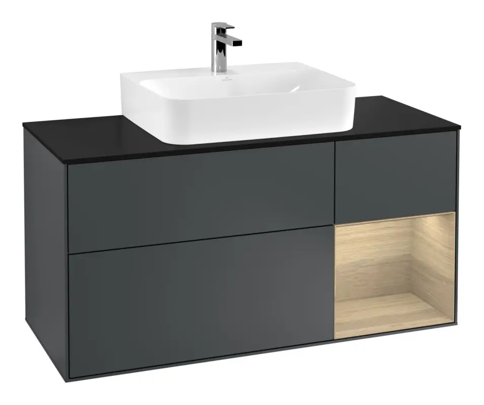 Neue Ware Villeroy & Boch Finion Waschbeckenunterschrank für Becken mittig Regal rechts für Finion / Memento 2.0 3 Auszüge mit Beleuchtung (1x LED) 1200 x 603 x 501 mm - Midnight Blue Matt Lacquer / Oak Veneer / Glass Black Matt