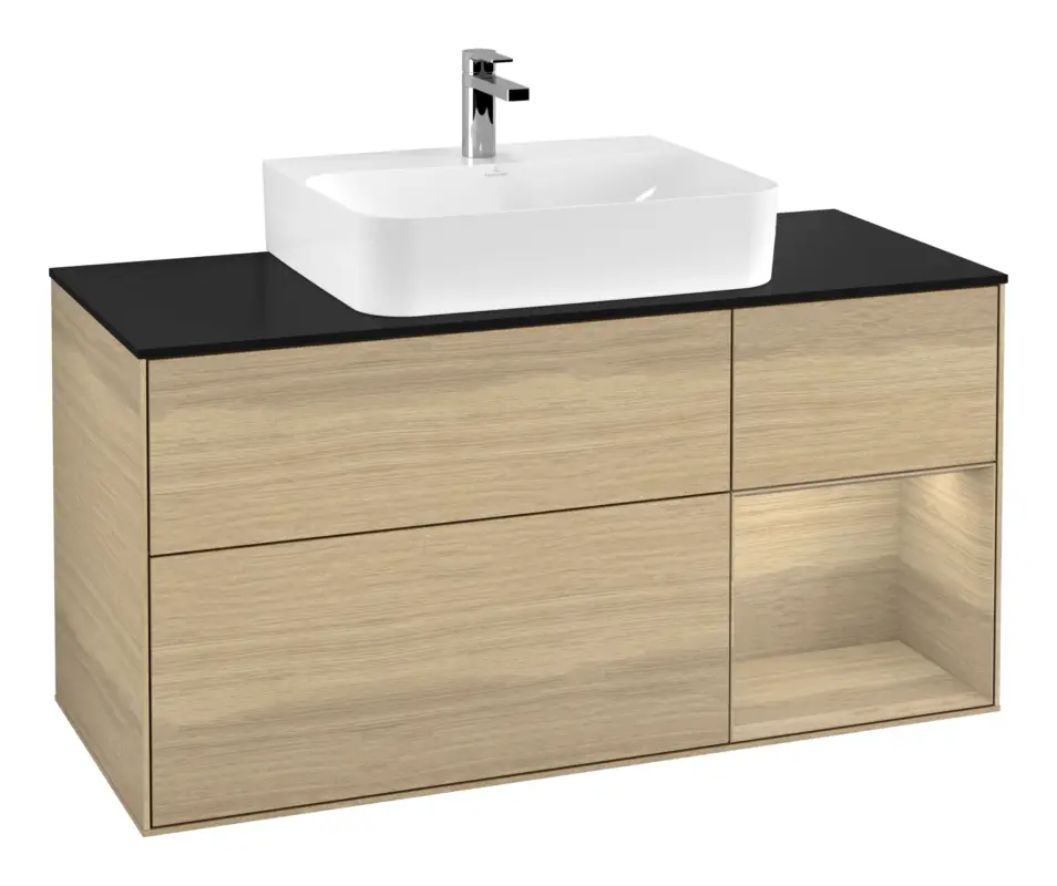 Villeroy & Boch Finion Waschbeckenunterschrank für Becken mittig Regal rechts für Finion / Memento 2.0 3 Auszüge mit Beleuchtung (1x LED) 1200 x 603 x 501 mm - Oak Veneer / Oak Veneer / Glass Black Matt Kracherpreis