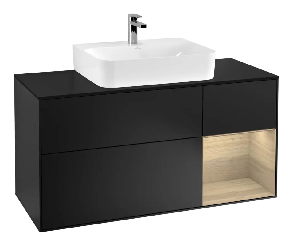 Top-Preis Villeroy & Boch Finion Waschbeckenunterschrank für Becken mittig Regal rechts für Finion / Memento 2.0 3 Auszüge mit Beleuchtung (1x LED) 1200 x 603 x 501 mm - Black Matt Lacquer / Oak Veneer / Glass Black Matt