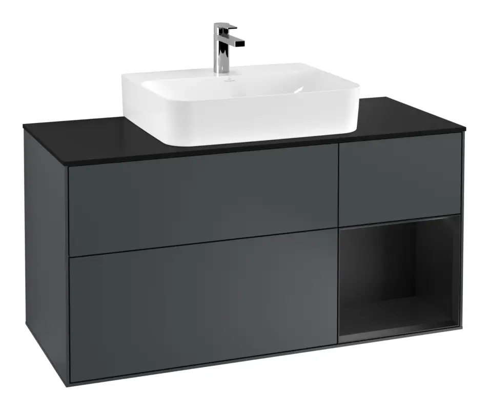 Villeroy & Boch Finion Waschbeckenunterschrank für Becken mittig Regal rechts für Finion / Memento 2.0 3 Auszüge mit Beleuchtung (1x LED) 1200 x 603 x 501 mm - Midnight Blue Matt Lacquer / Black Matt Lacquer / Glass Black Matt Abverkauf