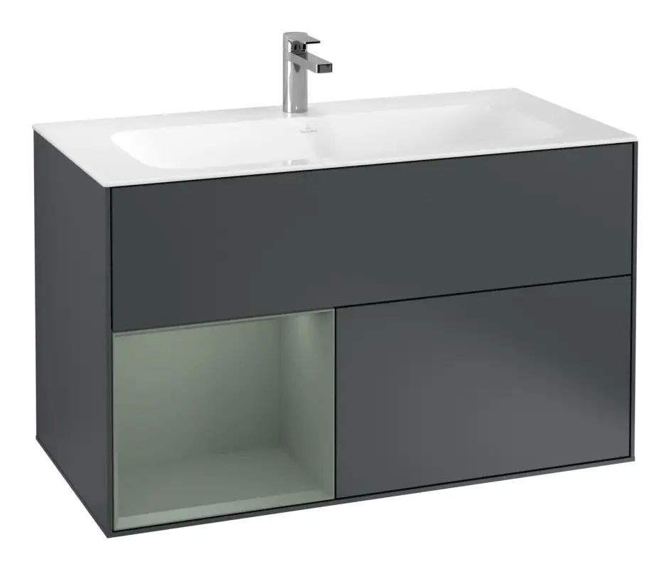 Villeroy & Boch Finion Waschbeckenunterschrank für Becken mittig Regal links für Finion 2 Auszüge mit Beleuchtung (1x LED) 996 x 591 x 498 mm - Midnight Blue Matt Lacquer / Olive Matt Lacquer Must-Have