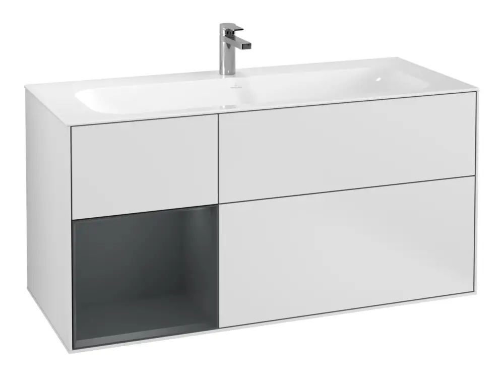 Villeroy & Boch Finion Waschbeckenunterschrank für Becken mittig Regal links für Finion 3 Auszüge mit Beleuchtung (1x LED) 1196 x 591 x 498 mm - White Matt Lacquer / Midnight Blue Matt Lacquer Knallerangebot