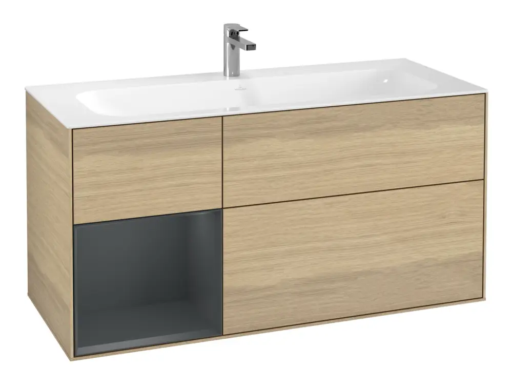 Meistverkauft Villeroy & Boch Finion Waschbeckenunterschrank für Becken mittig Regal links für Finion 3 Auszüge mit Beleuchtung (1x LED) 1196 x 591 x 498 mm - Oak Veneer / Midnight Blue Matt Lacquer