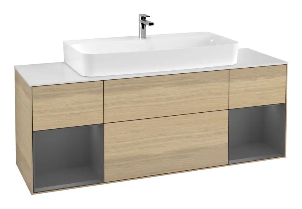 Markenprodukt Villeroy & Boch Finion Waschbeckenunterschrank für Becken mittig für Finion / Memento 2.0 4 Auszüge mit Beleuchtung (2x LED) 1600 x 603 x 501 mm - Oak Veneer / Anthracite Matt Lacquer / Glass White Matt