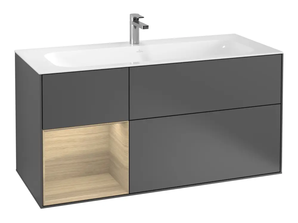 Villeroy & Boch Finion Waschbeckenunterschrank für Becken mittig Regal links für Finion 3 Auszüge mit Beleuchtung (1x LED) 1196 x 591 x 498 mm - Anthracite Matt Lacquer / Oak Veneer Begrenztes Angebot