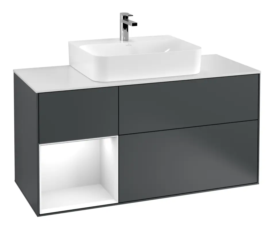 Villeroy & Boch Finion Waschbeckenunterschrank für Becken mittig Regal links für Finion / Memento 2.0 3 Auszüge mit Beleuchtung (3x LED) 1200 x 603 x 501 mm - Midnight Blue Matt Lacquer / Glossy White Lacquer / Glass White Matt Markenware