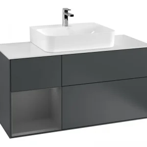 Abverkauf Villeroy & Boch Finion Waschbeckenunterschrank für Becken mittig Regal links für Finion / Memento 2.0 3 Auszüge mit Beleuchtung (3x LED) 1200 x 603 x 501 mm - Midnight Blue Matt Lacquer / Anthracite Matt Lacquer / Glass White Matt