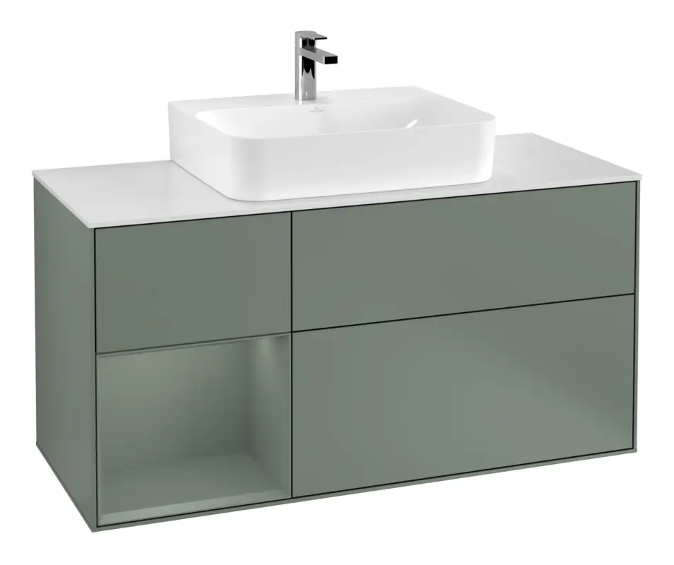 Meistverkauft Villeroy & Boch Finion Waschbeckenunterschrank für Becken mittig Regal links für Finion / Memento 2.0 3 Auszüge mit Beleuchtung (3x LED) 1200 x 603 x 501 mm - Olive Matt Lacquer / Glass White Matt