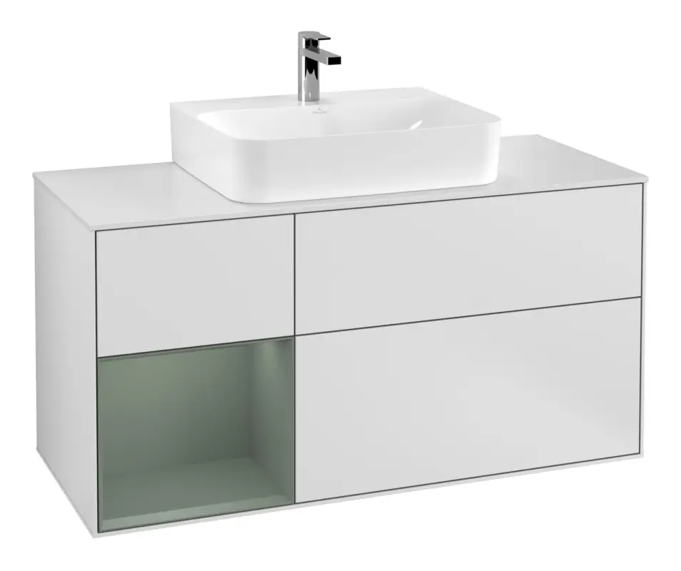 Villeroy & Boch Finion Waschbeckenunterschrank für Becken mittig Regal links für Finion / Memento 2.0 3 Auszüge mit Beleuchtung (3x LED) 1200 x 603 x 501 mm - White Matt Lacquer / Olive Matt Lacquer / Glass White Matt Direkt Vom Hersteller