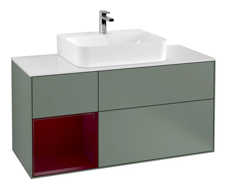 Villeroy & Boch Finion Waschbeckenunterschrank für Becken mittig Regal links für Finion / Memento 2.0 3 Auszüge mit Beleuchtung (3x LED) 1200 x 603 x 501 mm - Olive Matt Lacquer / Peony Matt Lacquer / Glass White Matt Aktuell