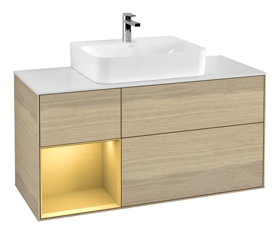 Bestpreis Villeroy & Boch Finion Waschbeckenunterschrank für Becken mittig Regal links für Finion / Memento 2.0 3 Auszüge mit Beleuchtung (3x LED) 1200 x 603 x 501 mm - Oak Veneer / Gold Matt Lacquer / Glass White Matt