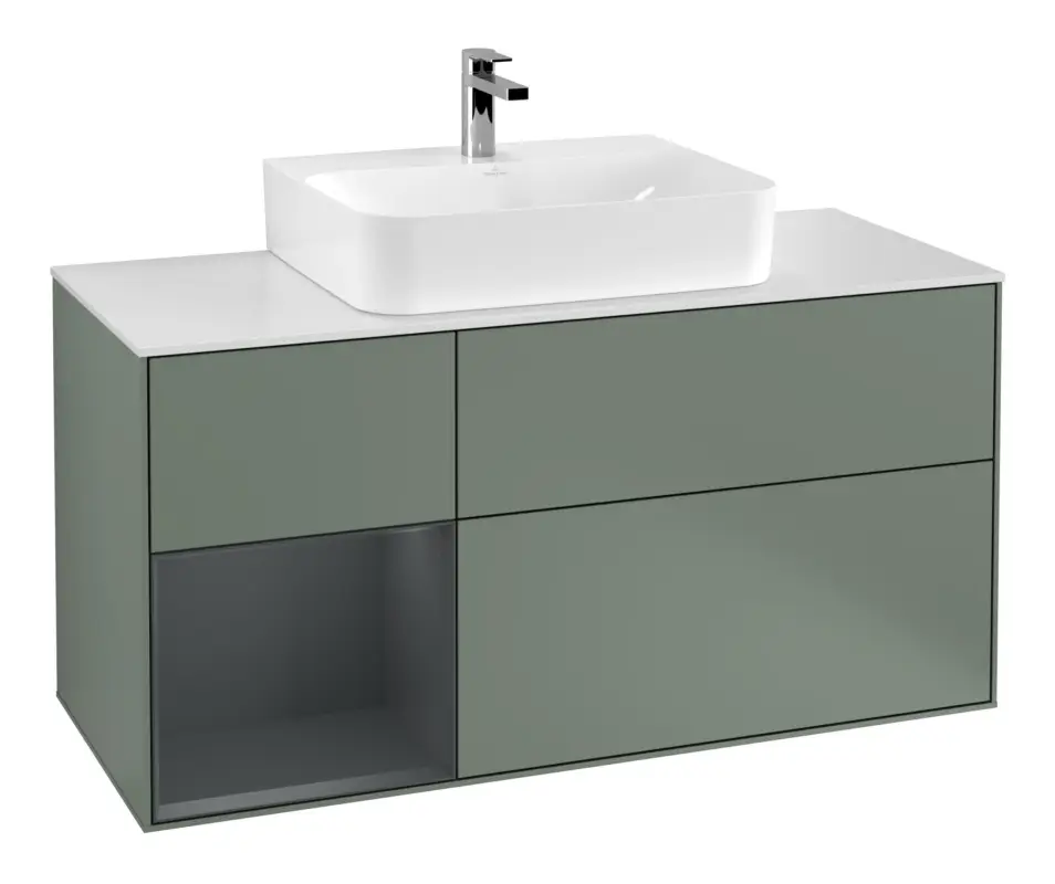 Wochenendangebot Villeroy & Boch Finion Waschbeckenunterschrank für Becken mittig Regal links für Finion / Memento 2.0 3 Auszüge mit Beleuchtung (3x LED) 1200 x 603 x 501 mm - Olive Matt Lacquer / Midnight Blue Matt Lacquer / Glass White Matt
