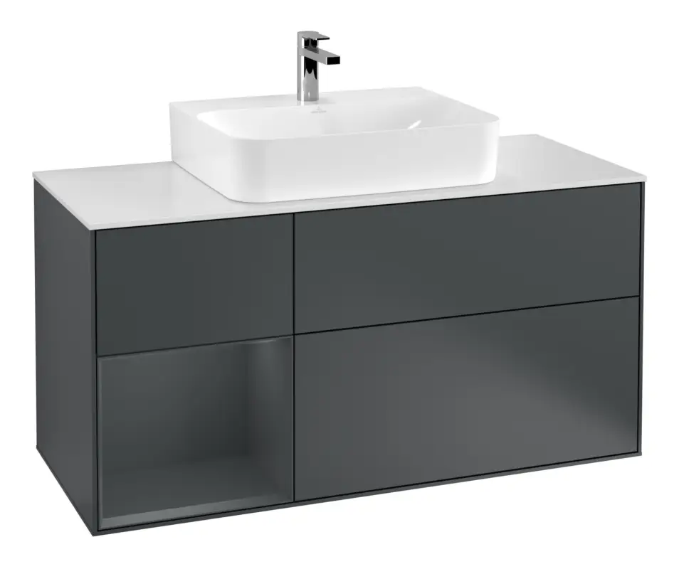 Villeroy & Boch Finion Waschbeckenunterschrank für Becken mittig Regal links für Finion / Memento 2.0 3 Auszüge mit Beleuchtung (3x LED) 1200 x 603 x 501 mm - Midnight Blue Matt Lacquer / Glass White Matt Mega-Angebot