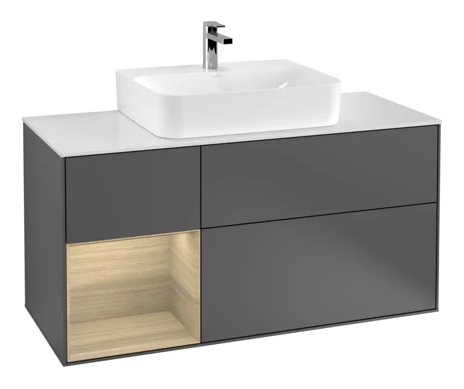 Villeroy & Boch Finion Waschbeckenunterschrank für Becken mittig Regal links für Finion / Memento 2.0 3 Auszüge mit Beleuchtung (3x LED) 1200 x 603 x 501 mm - Anthracite Matt Lacquer / Oak Veneer / Glass White Matt Knallerangebot