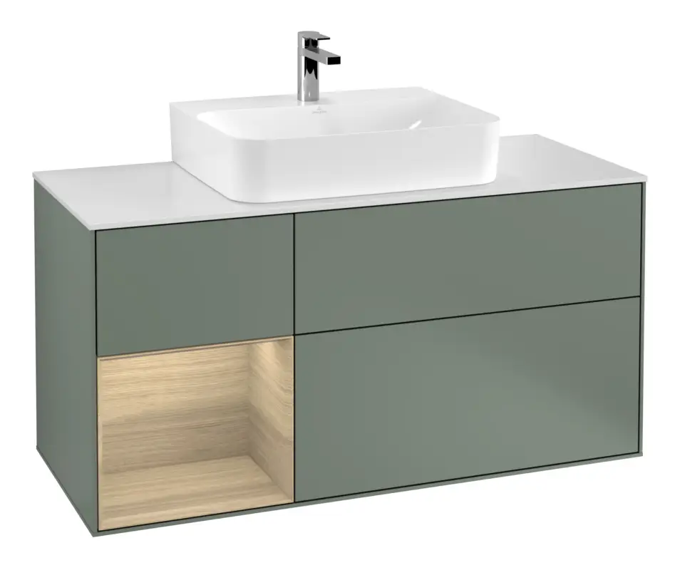 Villeroy & Boch Finion Waschbeckenunterschrank für Becken mittig Regal links für Finion / Memento 2.0 3 Auszüge mit Beleuchtung (3x LED) 1200 x 603 x 501 mm - Olive Matt Lacquer / Oak Veneer / Glass White Matt Preis Gesenkt