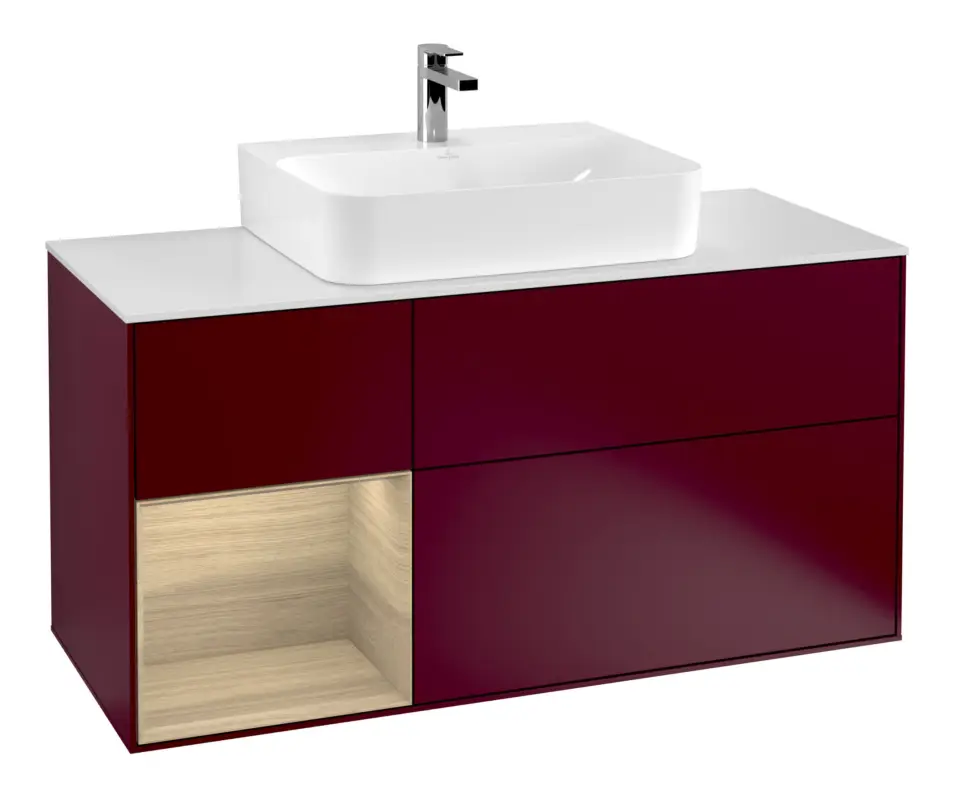 Top-Preis Villeroy & Boch Finion Waschbeckenunterschrank für Becken mittig Regal links für Finion / Memento 2.0 3 Auszüge mit Beleuchtung (3x LED) 1200 x 603 x 501 mm - Peony Matt Lacquer / Oak Veneer / Glass White Matt