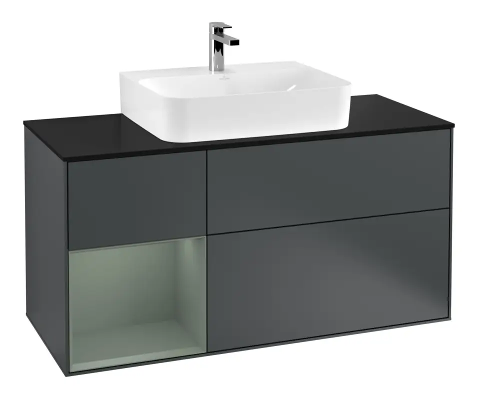 Villeroy & Boch Finion Waschbeckenunterschrank für Becken mittig Regal links für Finion / Memento 2.0 3 Auszüge mit Beleuchtung (3x LED) 1200 x 603 x 501 mm - Midnight Blue Matt Lacquer / Olive Matt Lacquer / Glass Black Matt Rabatt