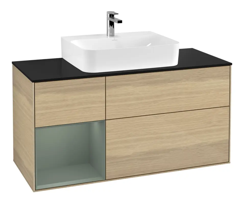 Sofort Bestellen Villeroy & Boch Finion Waschbeckenunterschrank für Becken mittig Regal links für Finion / Memento 2.0 3 Auszüge mit Beleuchtung (3x LED) 1200 x 603 x 501 mm - Oak Veneer / Olive Matt Lacquer / Glass Black Matt