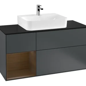 Top-Seller Villeroy & Boch Finion Waschbeckenunterschrank für Becken mittig Regal links für Finion / Memento 2.0 3 Auszüge mit Beleuchtung (3x LED) 1200 x 603 x 501 mm - Midnight Blue Matt Lacquer / Walnut Veneer / Glass Black Matt
