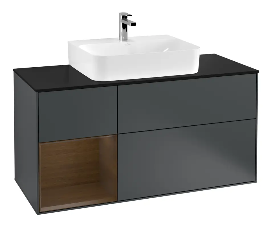 Top-Seller Villeroy & Boch Finion Waschbeckenunterschrank für Becken mittig Regal links für Finion / Memento 2.0 3 Auszüge mit Beleuchtung (3x LED) 1200 x 603 x 501 mm - Midnight Blue Matt Lacquer / Walnut Veneer / Glass Black Matt