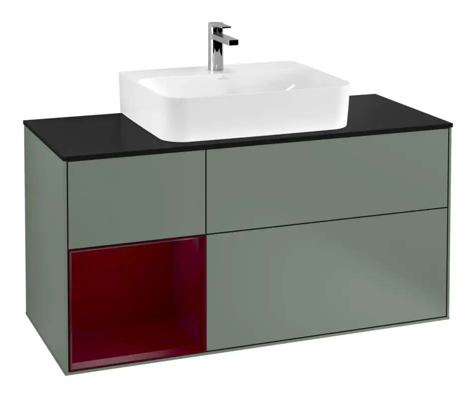 Schneller Versand Villeroy & Boch Finion Waschbeckenunterschrank für Becken mittig Regal links für Finion / Memento 2.0 3 Auszüge mit Beleuchtung (3x LED) 1200 x 603 x 501 mm - Olive Matt Lacquer / Peony Matt Lacquer / Glass Black Matt