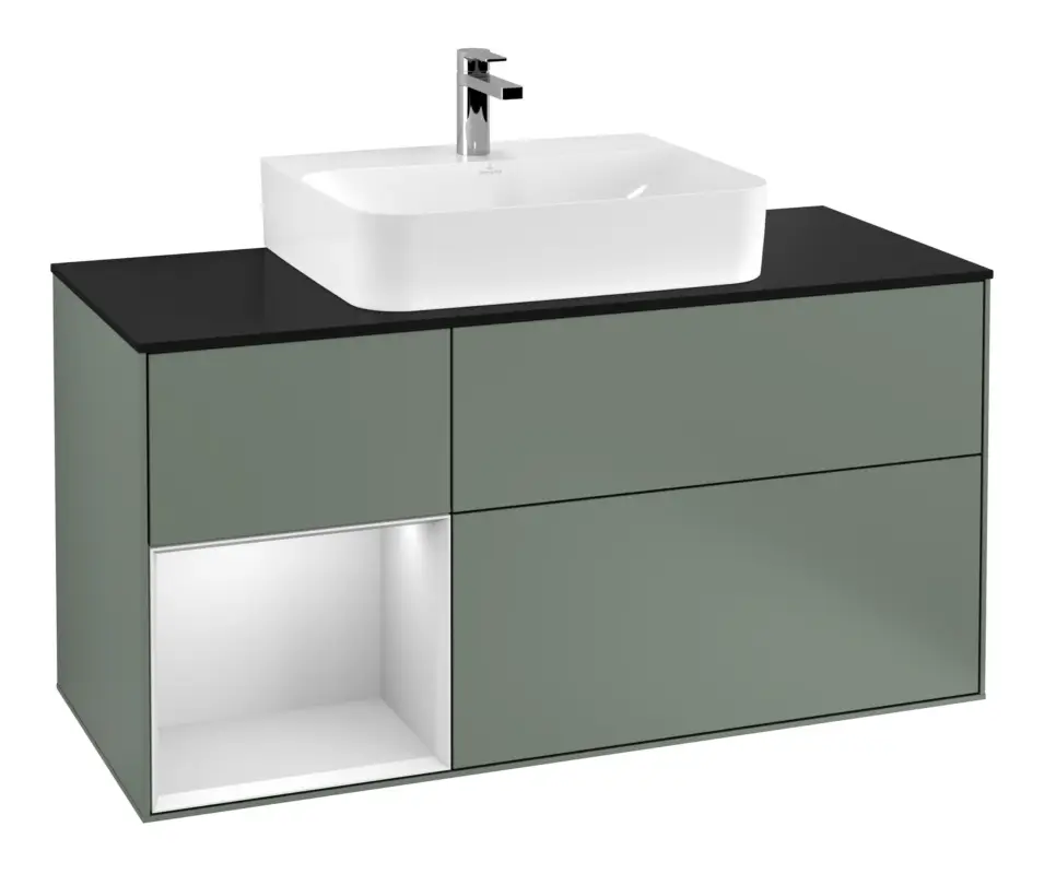 Villeroy & Boch Finion Waschbeckenunterschrank für Becken mittig Regal links für Finion / Memento 2.0 3 Auszüge mit Beleuchtung (3x LED) 1200 x 603 x 501 mm - Olive Matt Lacquer / White Matt Lacquer / Glass Black Matt Mega-Angebot