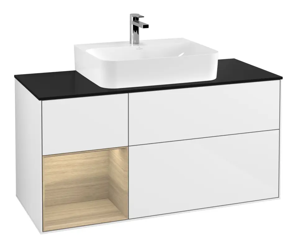 Garantierte Lieferung Villeroy & Boch Finion Waschbeckenunterschrank für Becken mittig Regal links für Finion / Memento 2.0 3 Auszüge mit Beleuchtung (3x LED) 1200 x 603 x 501 mm - Glossy White Lacquer / Oak Veneer / Glass Black Matt