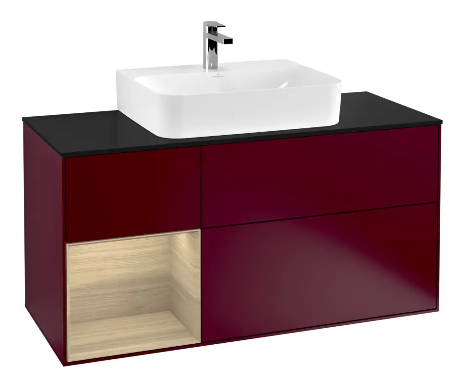 Markenware Villeroy & Boch Finion Waschbeckenunterschrank für Becken mittig Regal links für Finion / Memento 2.0 3 Auszüge mit Beleuchtung (3x LED) 1200 x 603 x 501 mm - Peony Matt Lacquer / Oak Veneer / Glass Black Matt
