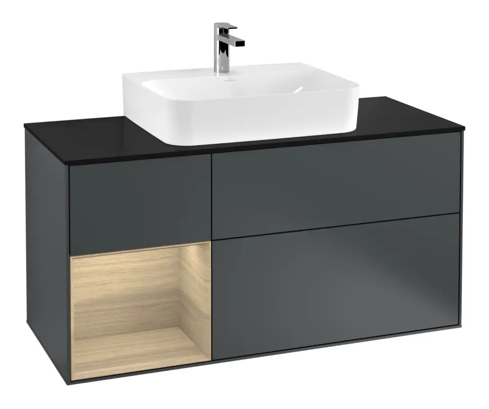 Villeroy & Boch Finion Waschbeckenunterschrank für Becken mittig Regal links für Finion / Memento 2.0 3 Auszüge mit Beleuchtung (3x LED) 1200 x 603 x 501 mm - Midnight Blue Matt Lacquer / Oak Veneer / Glass Black Matt Angebot