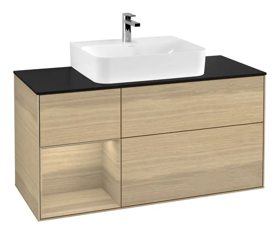 Preis Gesenkt Villeroy & Boch Finion Waschbeckenunterschrank für Becken mittig Regal links für Finion / Memento 2.0 3 Auszüge mit Beleuchtung (3x LED) 1200 x 603 x 501 mm - Oak Veneer / Oak Veneer / Glass Black Matt