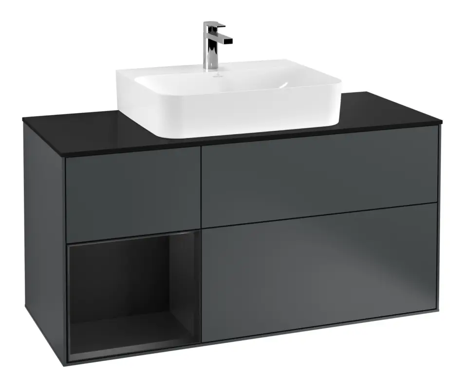 Villeroy & Boch Finion Waschbeckenunterschrank für Becken mittig Regal links für Finion / Memento 2.0 3 Auszüge mit Beleuchtung (3x LED) 1200 x 603 x 501 mm - Midnight Blue Matt Lacquer / Black Matt Lacquer / Glass Black Matt Neu Im Sortiment