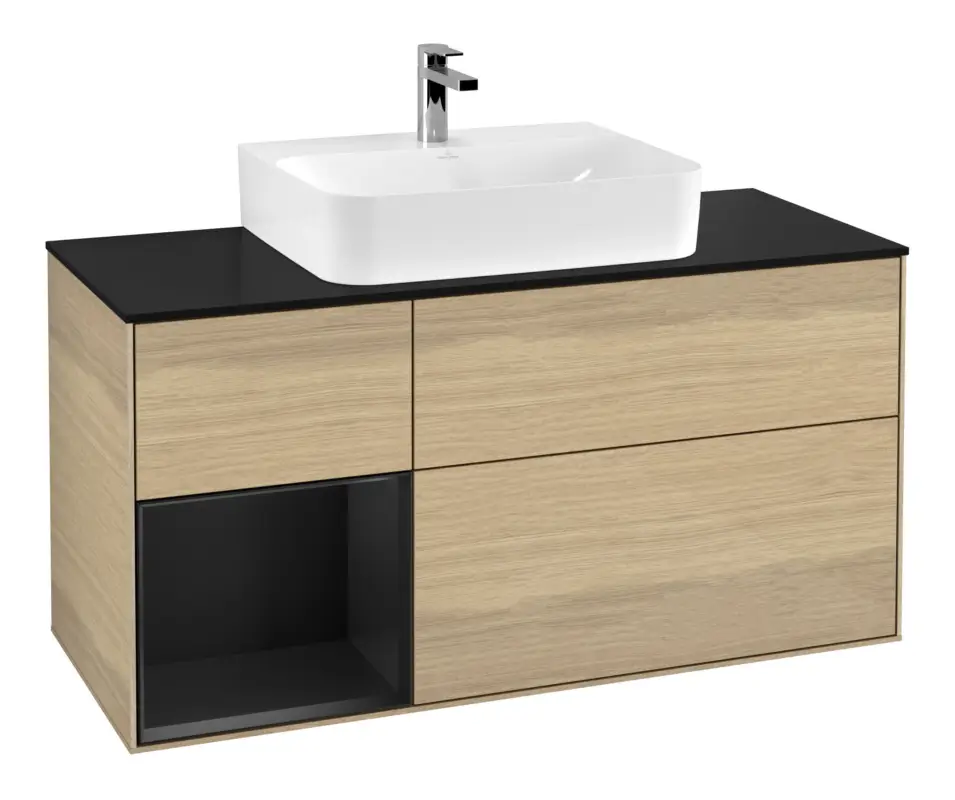 Villeroy & Boch Finion Waschbeckenunterschrank für Becken mittig Regal links für Finion / Memento 2.0 3 Auszüge mit Beleuchtung (3x LED) 1200 x 603 x 501 mm - Oak Veneer / Black Matt Lacquer / Glass Black Matt Highlight