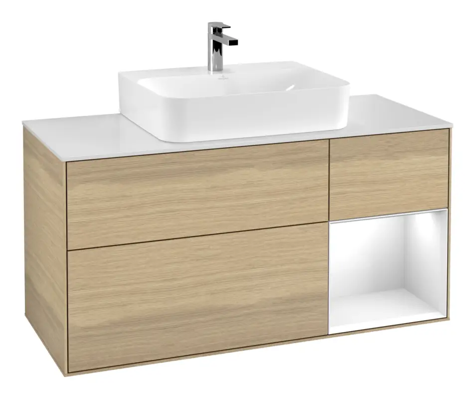 Villeroy & Boch Finion Waschbeckenunterschrank für Becken mittig Regal rechts für Finion / Memento 2.0 3 Auszüge mit Beleuchtung (3x LED) 1200 x 603 x 501 mm - Oak Veneer / Glossy White Lacquer / Glass White Matt Direkt Vom Hersteller