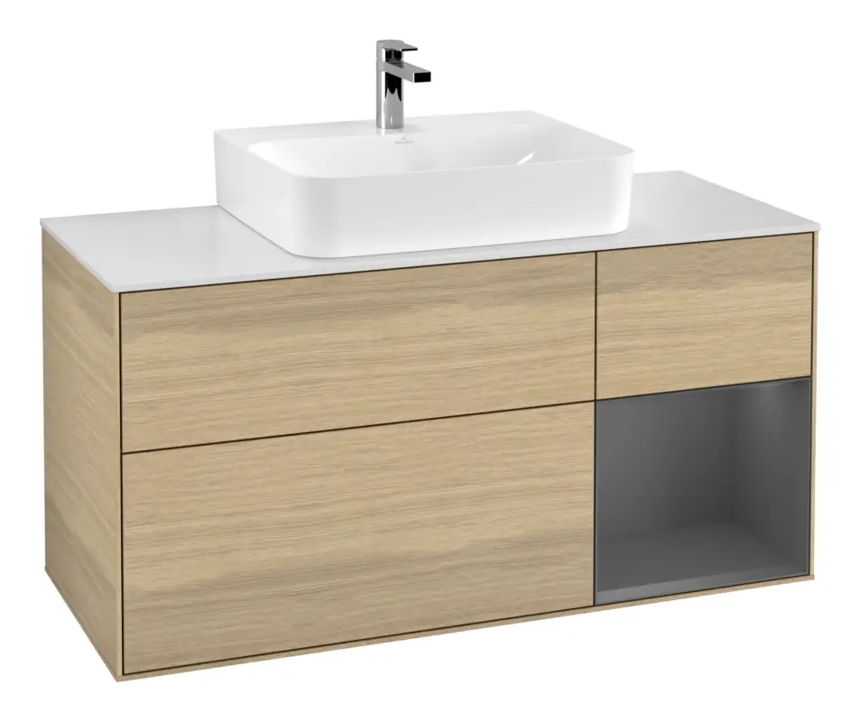 Villeroy & Boch Finion Waschbeckenunterschrank für Becken mittig Regal rechts für Finion / Memento 2.0 3 Auszüge mit Beleuchtung (3x LED) 1200 x 603 x 501 mm - Oak Veneer / Anthracite Matt Lacquer / Glass White Matt Expressversand