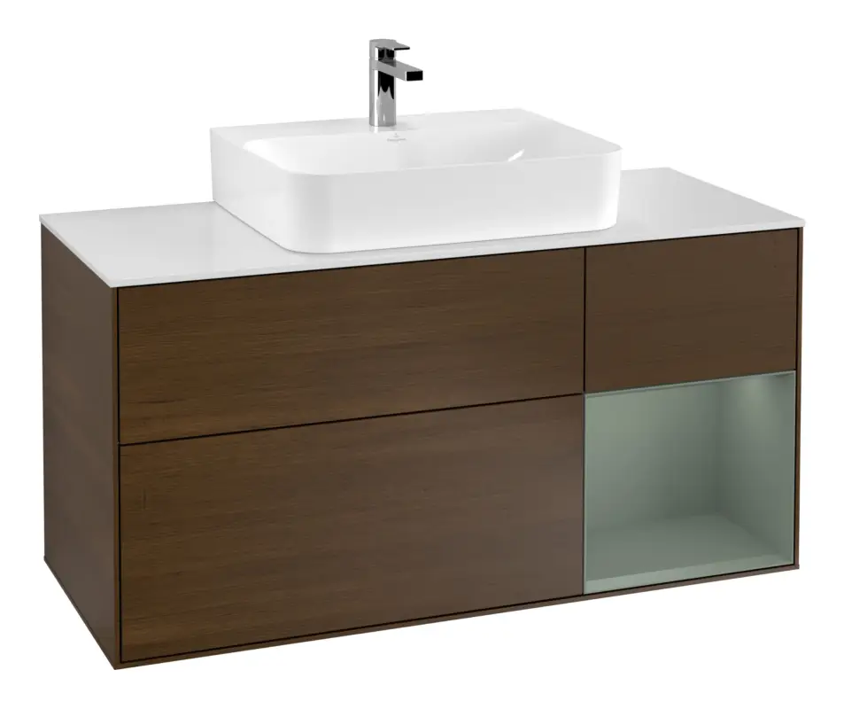 Markenware Villeroy & Boch Finion Waschbeckenunterschrank für Becken mittig Regal rechts für Finion / Memento 2.0 3 Auszüge mit Beleuchtung (3x LED) 1200 x 603 x 501 mm - Walnut Veneer / Olive Matt Lacquer / Glass White Matt
