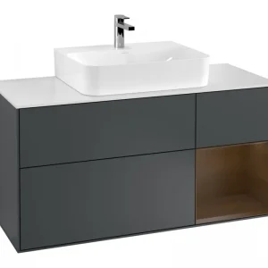 Abverkauf Villeroy & Boch Finion Waschbeckenunterschrank für Becken mittig Regal rechts für Finion / Memento 2.0 3 Auszüge mit Beleuchtung (3x LED) 1200 x 603 x 501 mm - Midnight Blue Matt Lacquer / Walnut Veneer / Glass White Matt