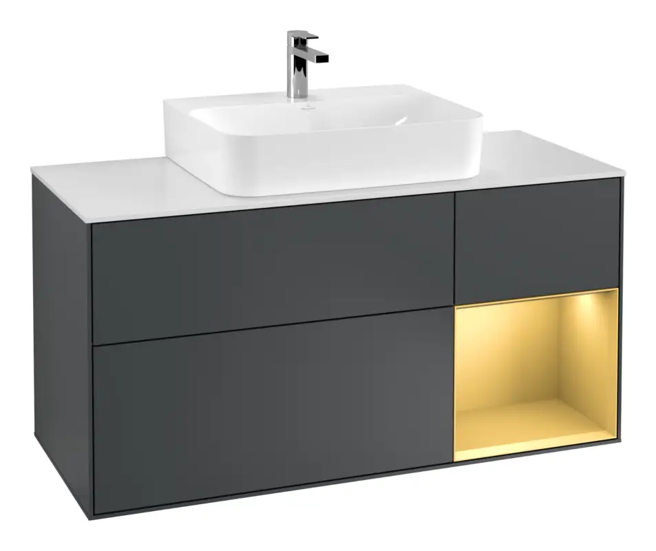 Villeroy & Boch Finion Waschbeckenunterschrank für Becken mittig Regal rechts für Finion / Memento 2.0 3 Auszüge mit Beleuchtung (3x LED) 1200 x 603 x 501 mm - Midnight Blue Matt Lacquer / Gold Matt Lacquer / Glass White Matt Neu
